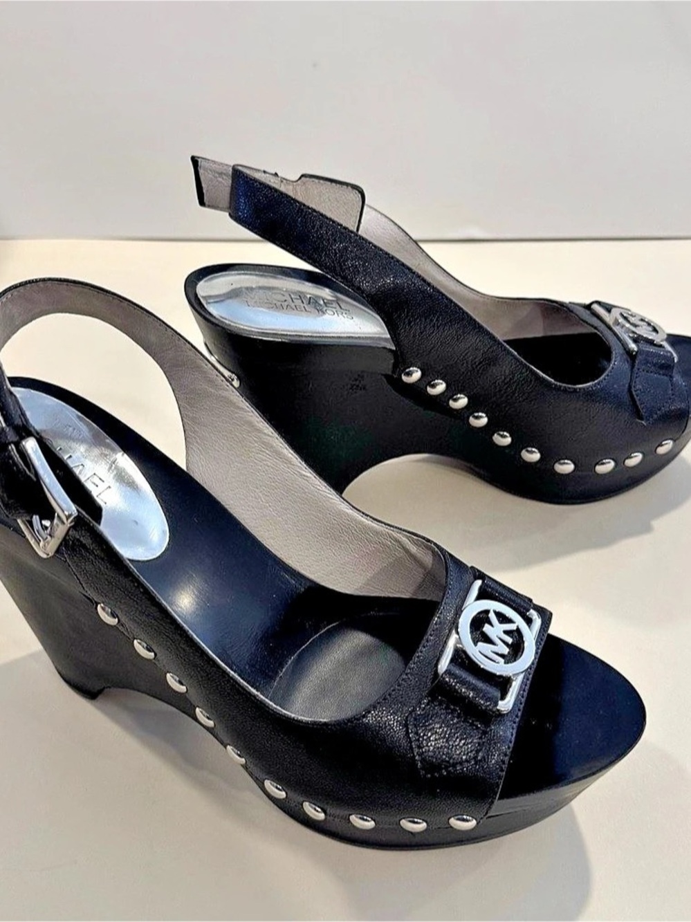 Michael Kors Black Studded Wedge Sandals Size 7